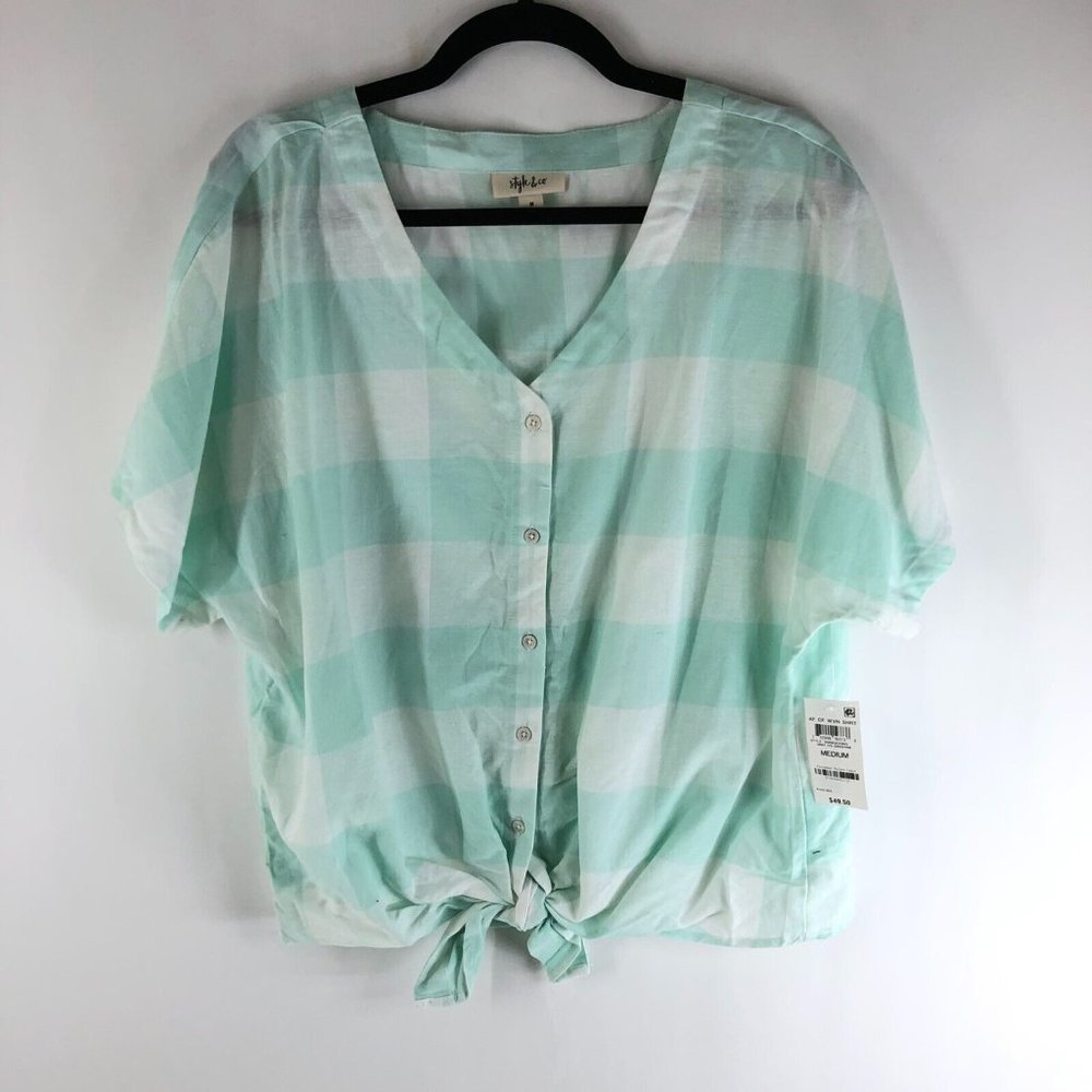 Style & Co Top Tie Front Oversized Cotton Linen Blend Gingham Plaid Mint Green M - Picture 1 of 4